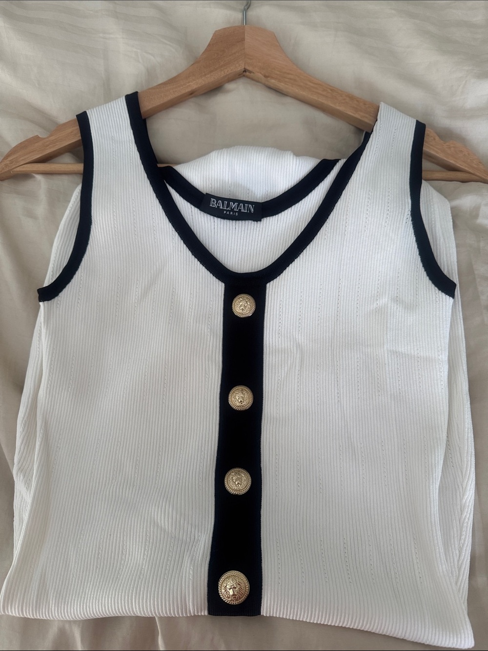 Balmain White Midi Tank Dress with Black Trim and Gold Buttons - Picture 5 of 5